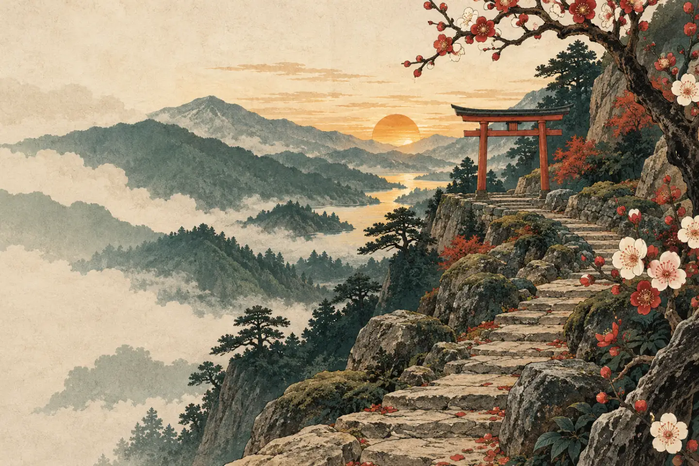 通向山间鸟居的石阶与梅花,日本版画风格插画