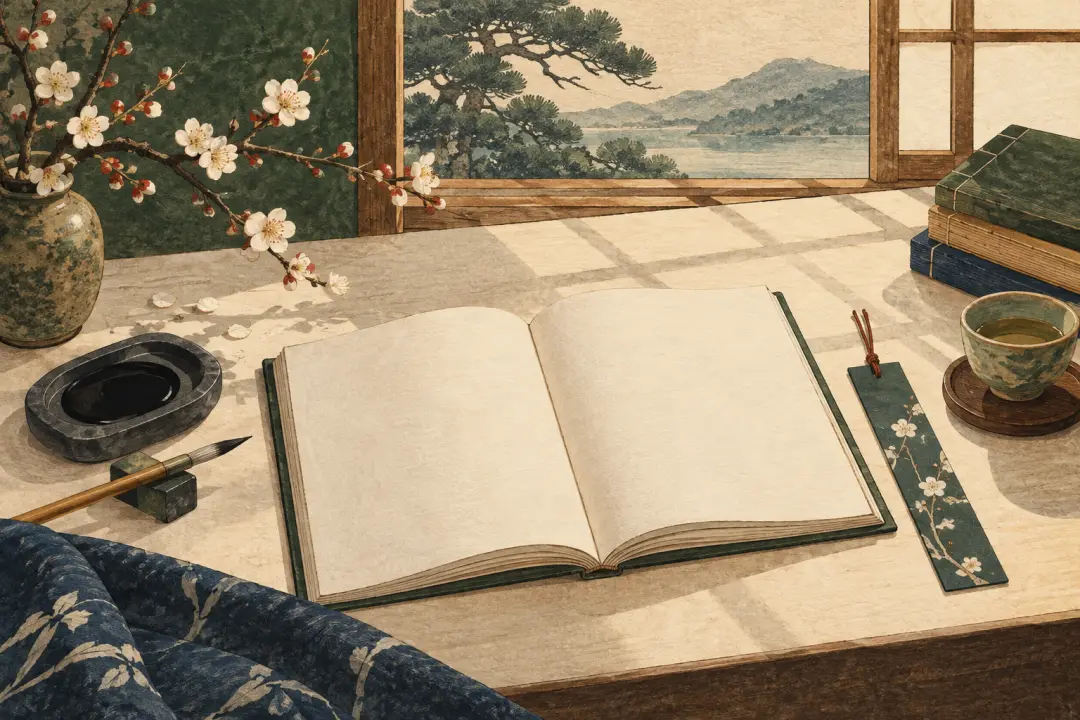 窗邊的日語學習桌：攤開的書、毛筆與梅花插畫